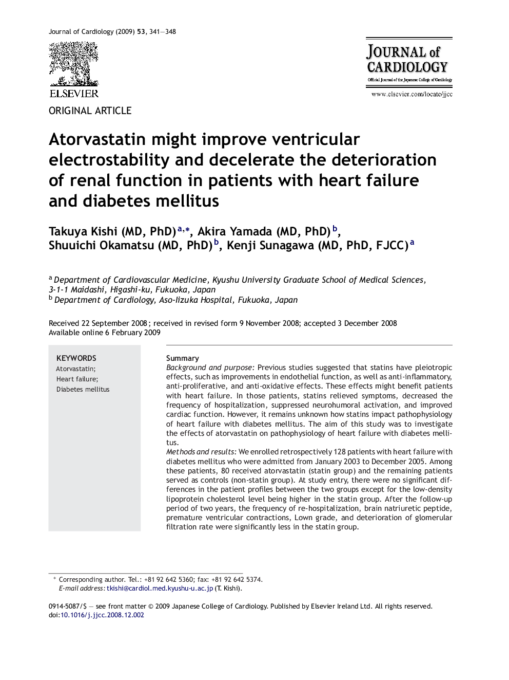 Atorvastatin might improve ventricular electrostability and decelerate the deterioration of renal function in patients with heart failure and diabetes mellitus