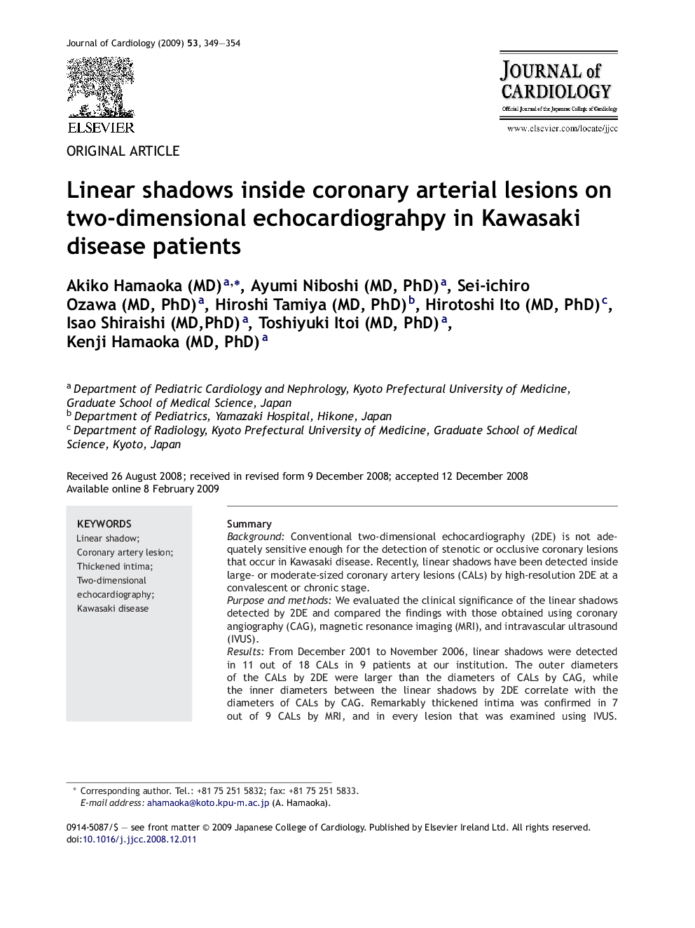 Linear shadows inside coronary arterial lesions on two-dimensional echocardiograhpy in Kawasaki disease patients