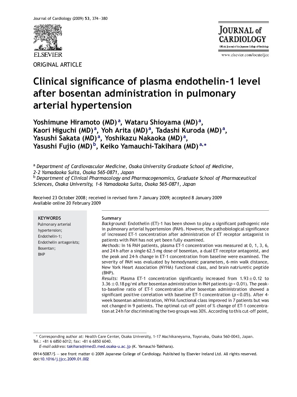 Clinical significance of plasma endothelin-1 level after bosentan administration in pulmonary arterial hypertension