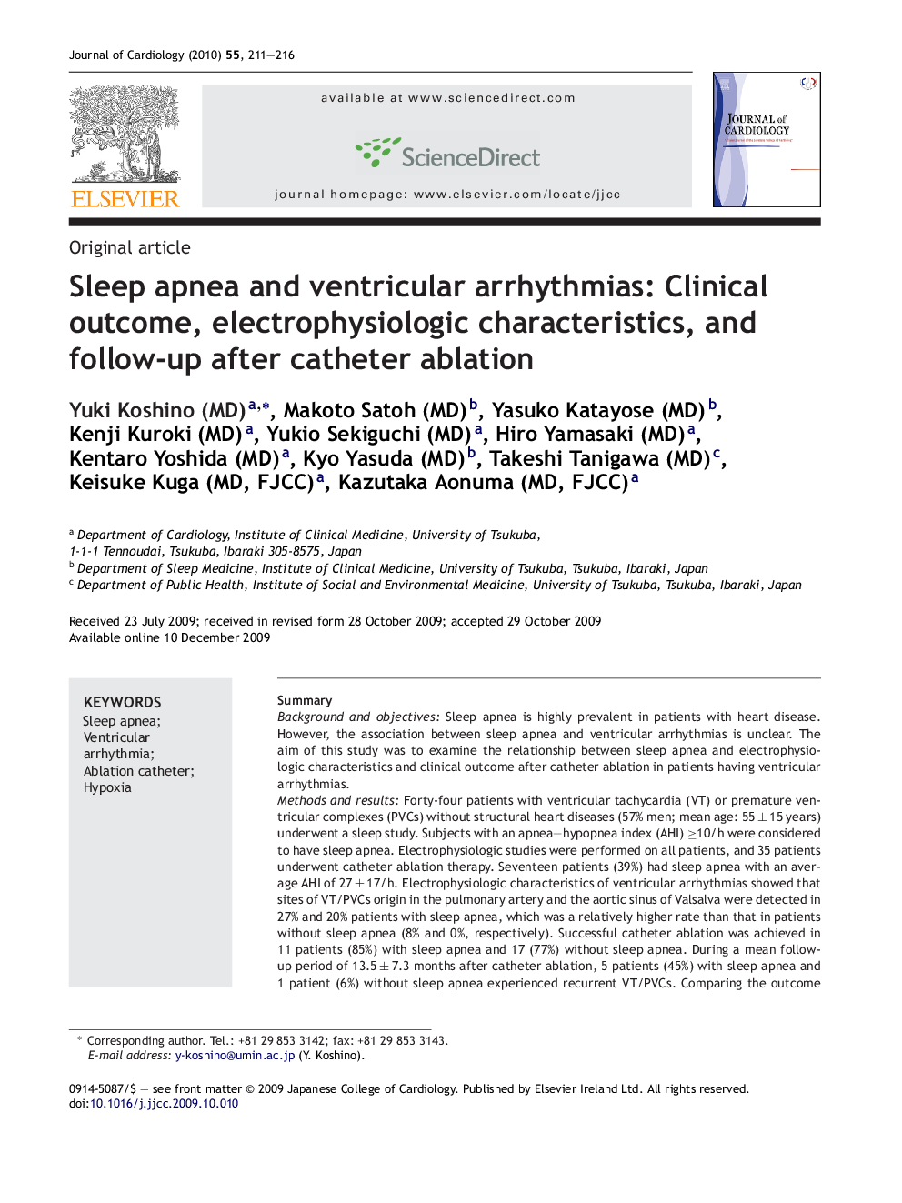 Sleep apnea and ventricular arrhythmias: Clinical outcome, electrophysiologic characteristics, and follow-up after catheter ablation