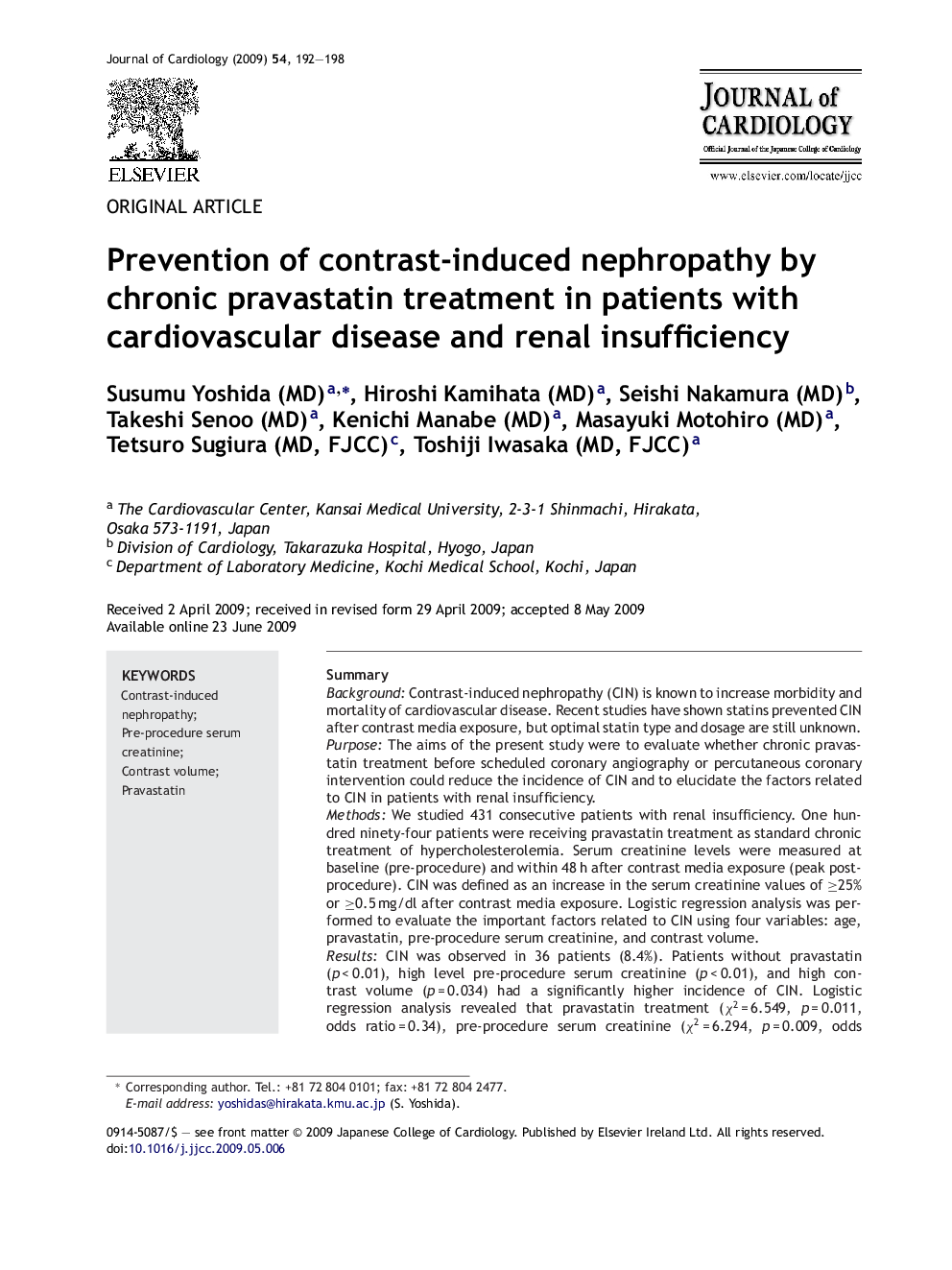 Prevention of contrast-induced nephropathy by chronic pravastatin treatment in patients with cardiovascular disease and renal insufficiency