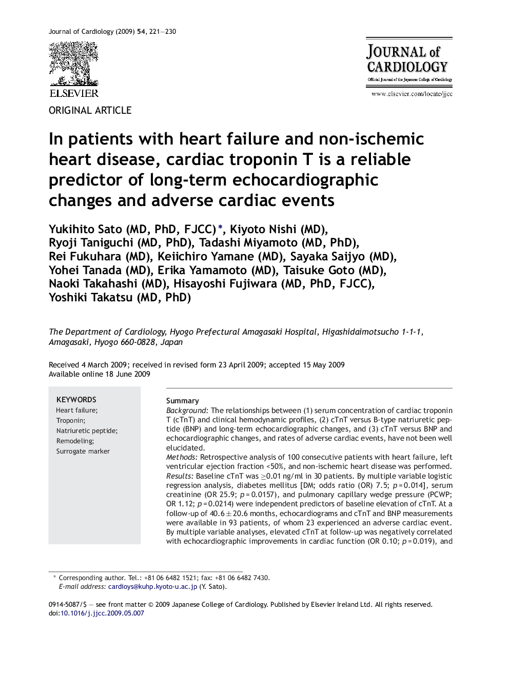 In patients with heart failure and non-ischemic heart disease, cardiac troponin T is a reliable predictor of long-term echocardiographic changes and adverse cardiac events