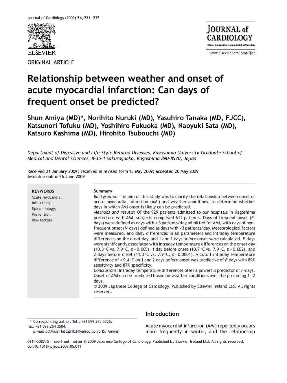 Relationship between weather and onset of acute myocardial infarction: Can days of frequent onset be predicted?