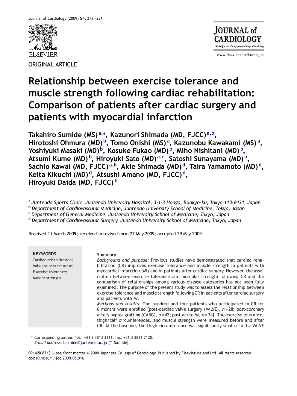 Relationship between exercise tolerance and muscle strength following cardiac rehabilitation: Comparison of patients after cardiac surgery and patients with myocardial infarction