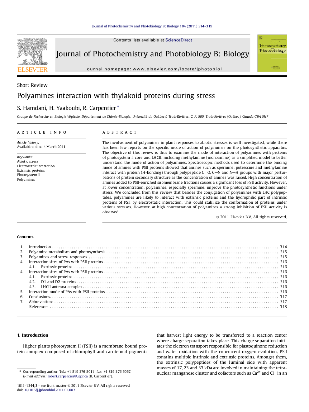 Polyamines interaction with thylakoid proteins during stress