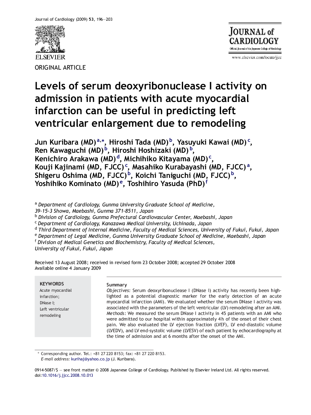 Levels of serum deoxyribonuclease I activity on admission in patients with acute myocardial infarction can be useful in predicting left ventricular enlargement due to remodeling