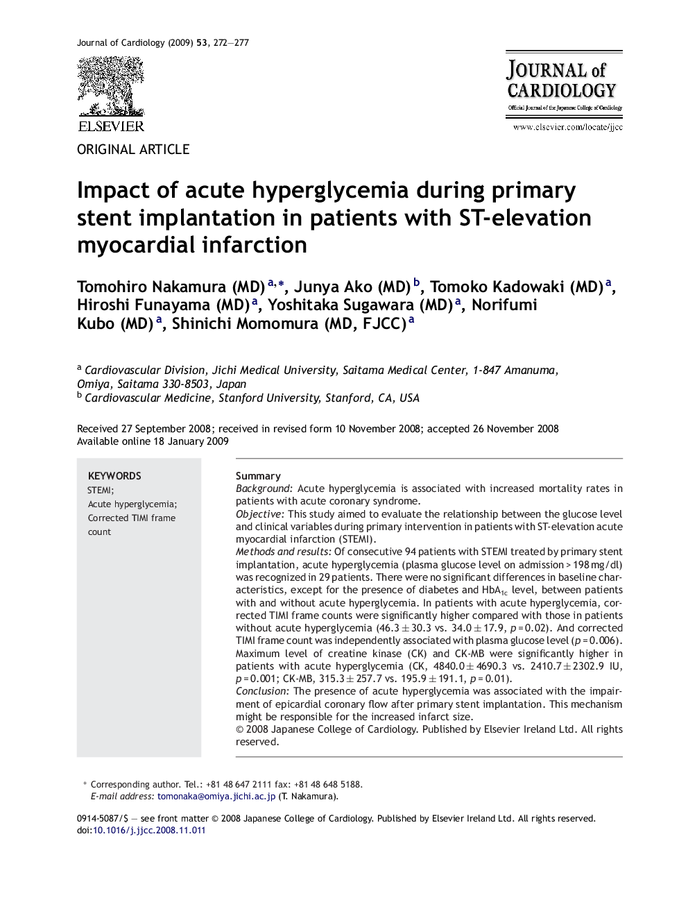 Impact of acute hyperglycemia during primary stent implantation in patients with ST-elevation myocardial infarction