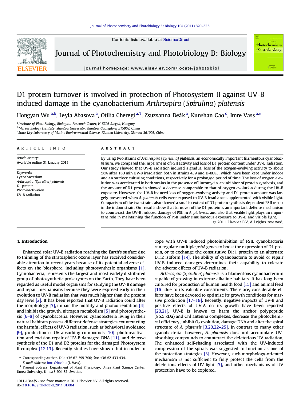 D1 protein turnover is involved in protection of Photosystem II against UV-B induced damage in the cyanobacterium Arthrospira (Spirulina) platensis