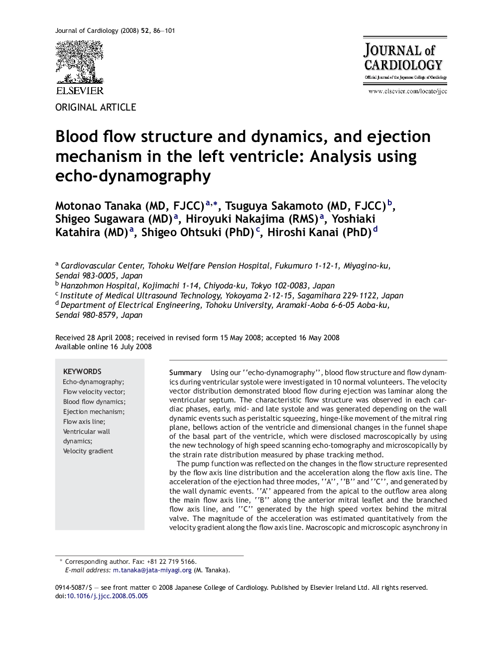 Blood flow structure and dynamics, and ejection mechanism in the left ventricle: Analysis using echo-dynamography