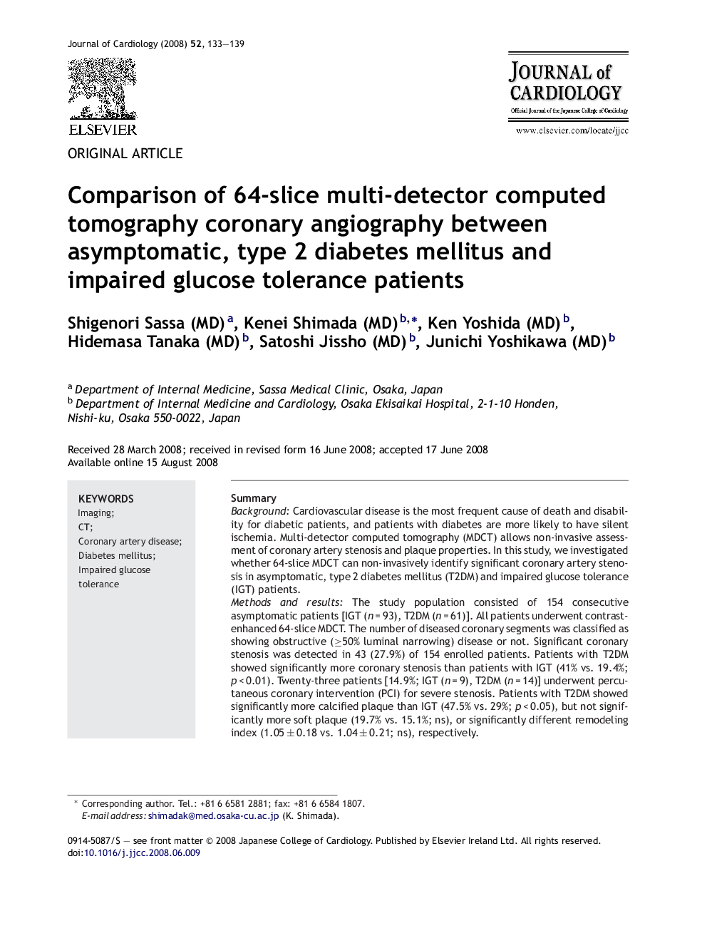 Comparison of 64-slice multi-detector computed tomography coronary angiography between asymptomatic, type 2 diabetes mellitus and impaired glucose tolerance patients