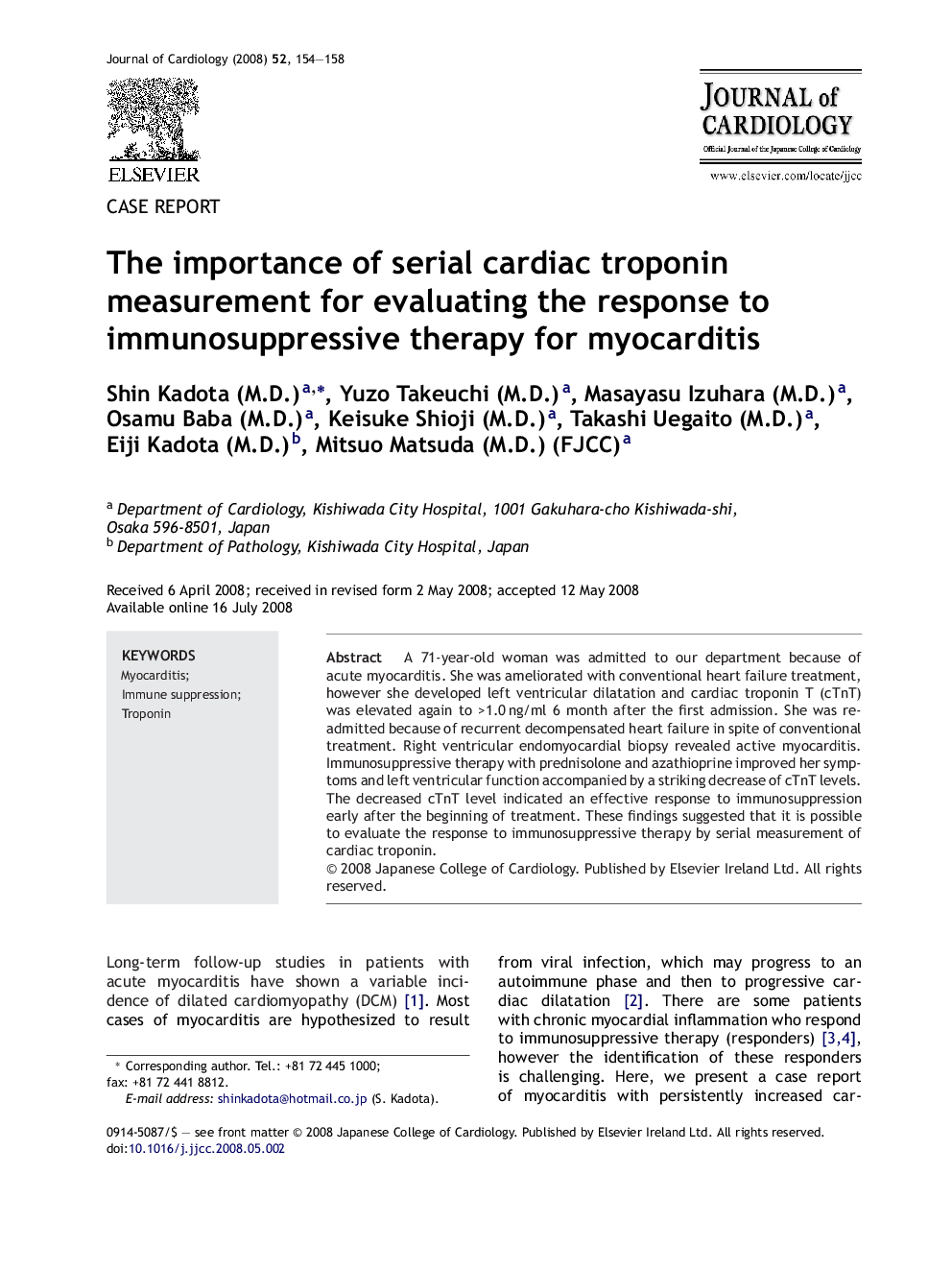 The importance of serial cardiac troponin measurement for evaluating the response to immunosuppressive therapy for myocarditis