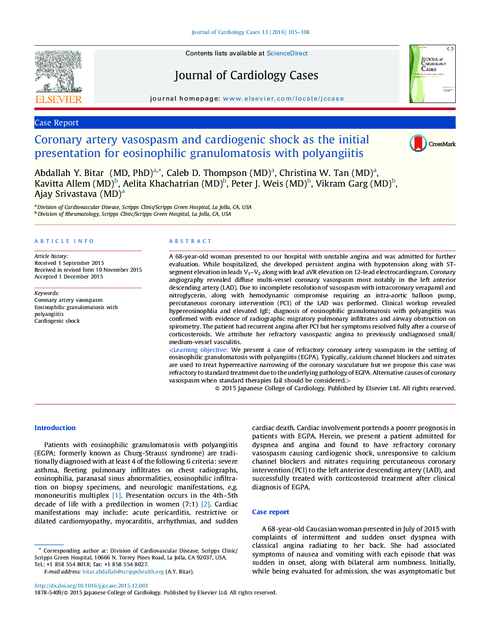 Coronary artery vasospasm and cardiogenic shock as the initial presentation for eosinophilic granulomatosis with polyangiitis