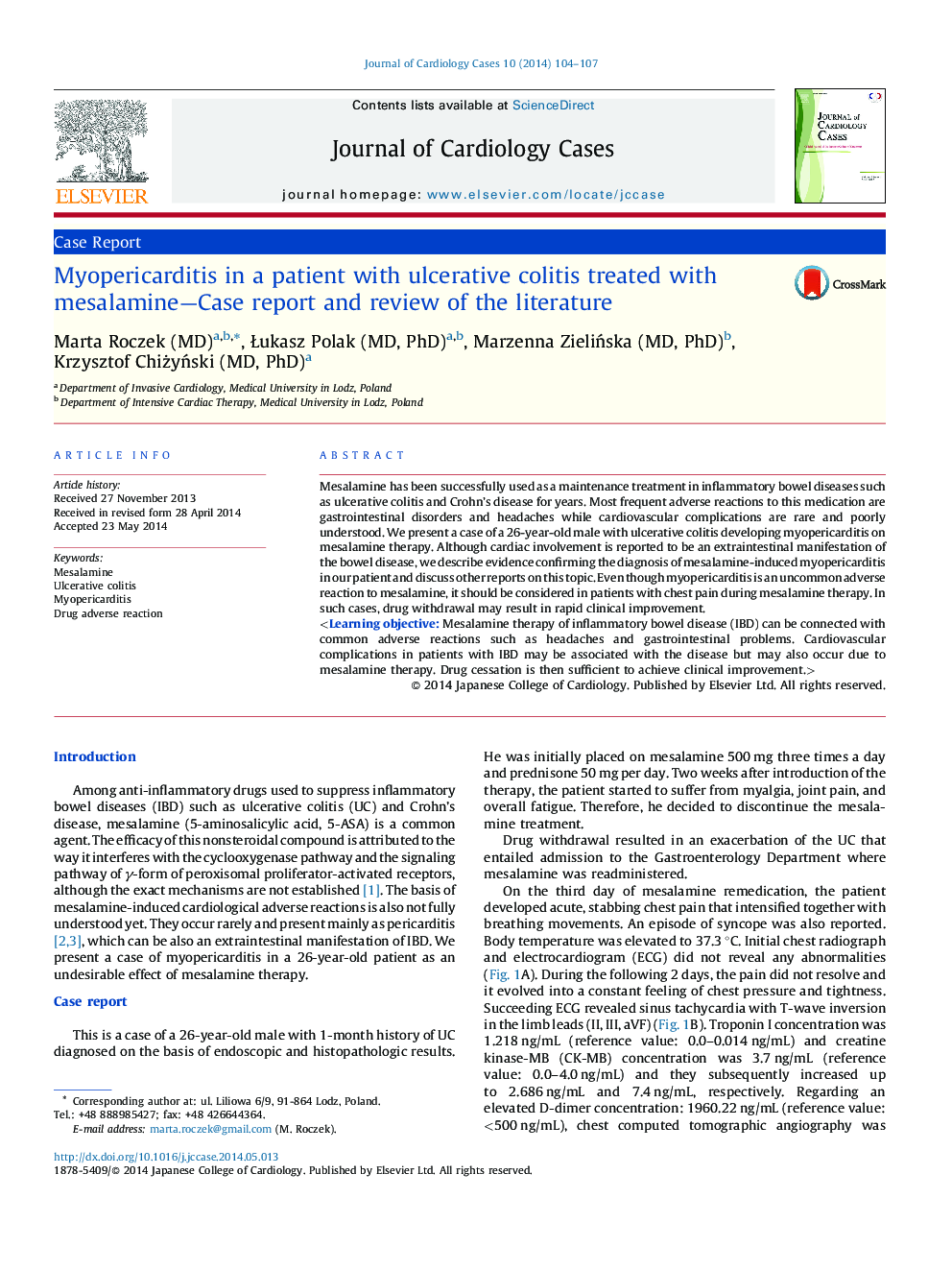 Myopericarditis in a patient with ulcerative colitis treated with mesalamine—Case report and review of the literature