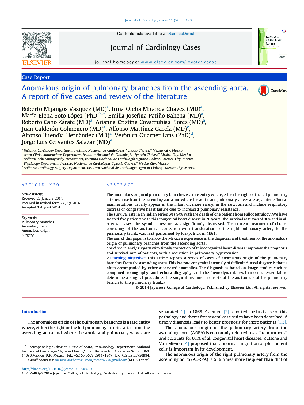 Anomalous origin of pulmonary branches from the ascending aorta. A report of five cases and review of the literature