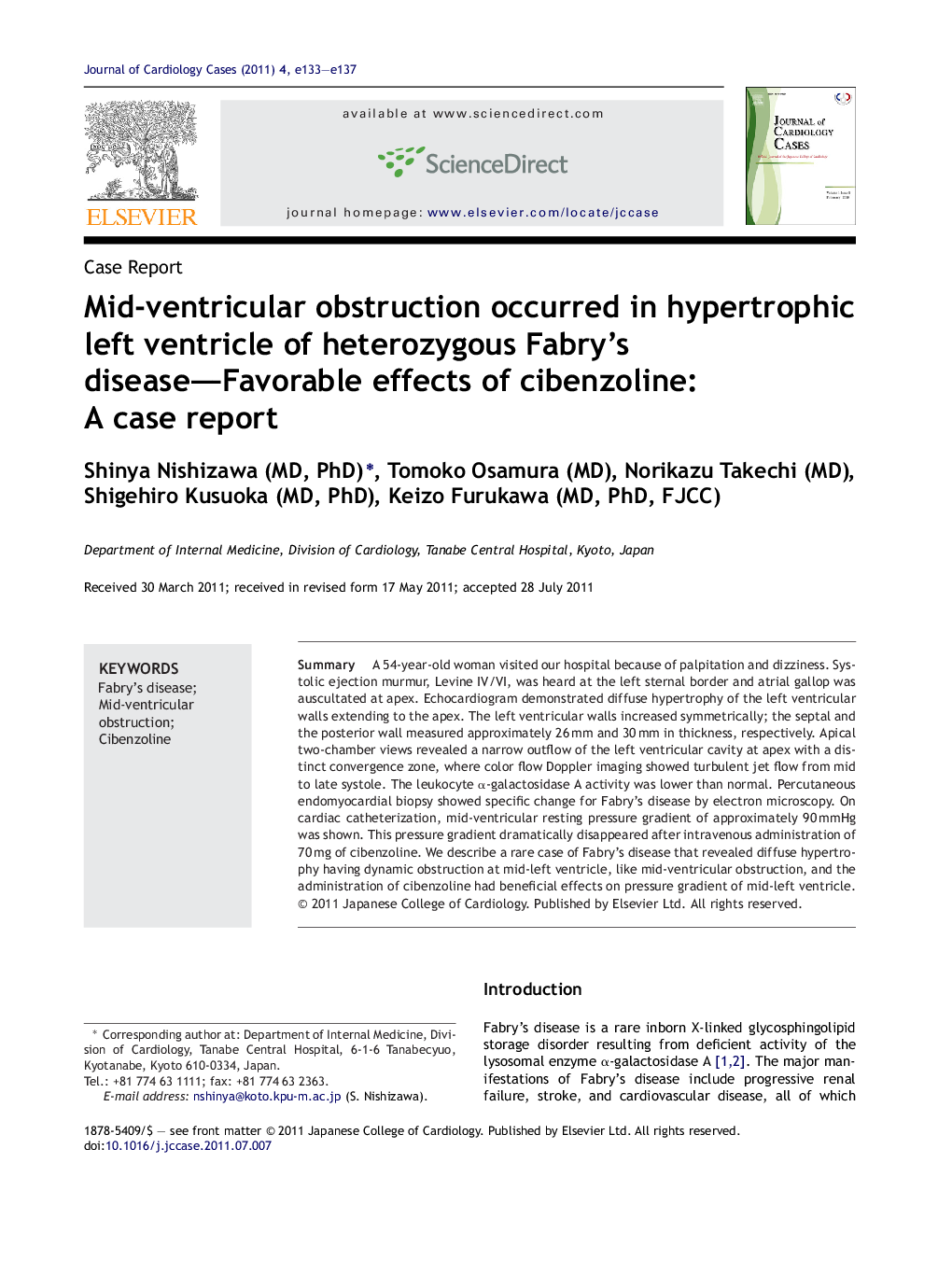 Mid-ventricular obstruction occurred in hypertrophic left ventricle of heterozygous Fabry's disease—Favorable effects of cibenzoline: A case report