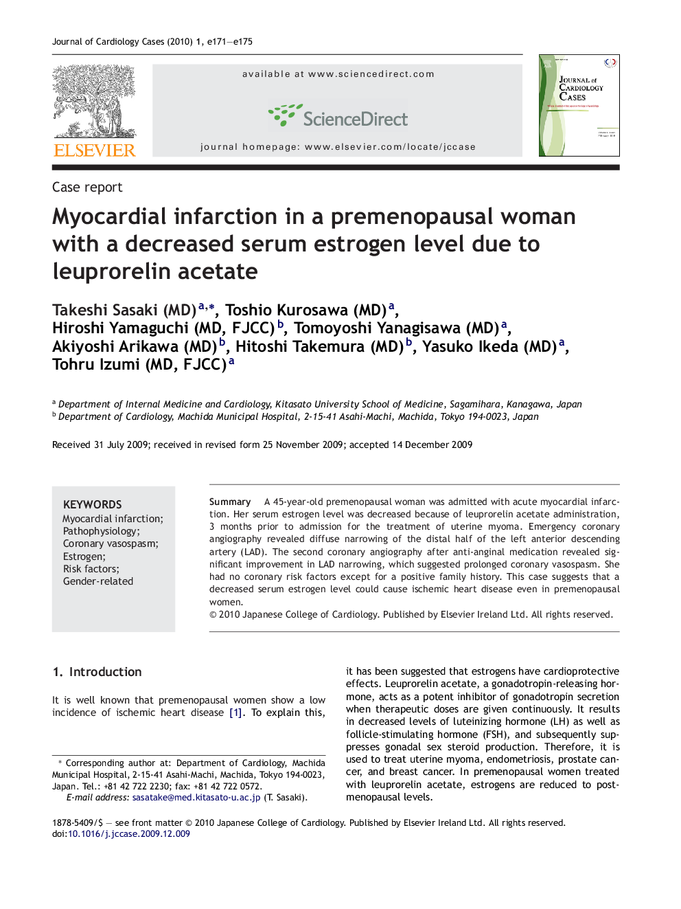 Myocardial infarction in a premenopausal woman with a decreased serum estrogen level due to leuprorelin acetate