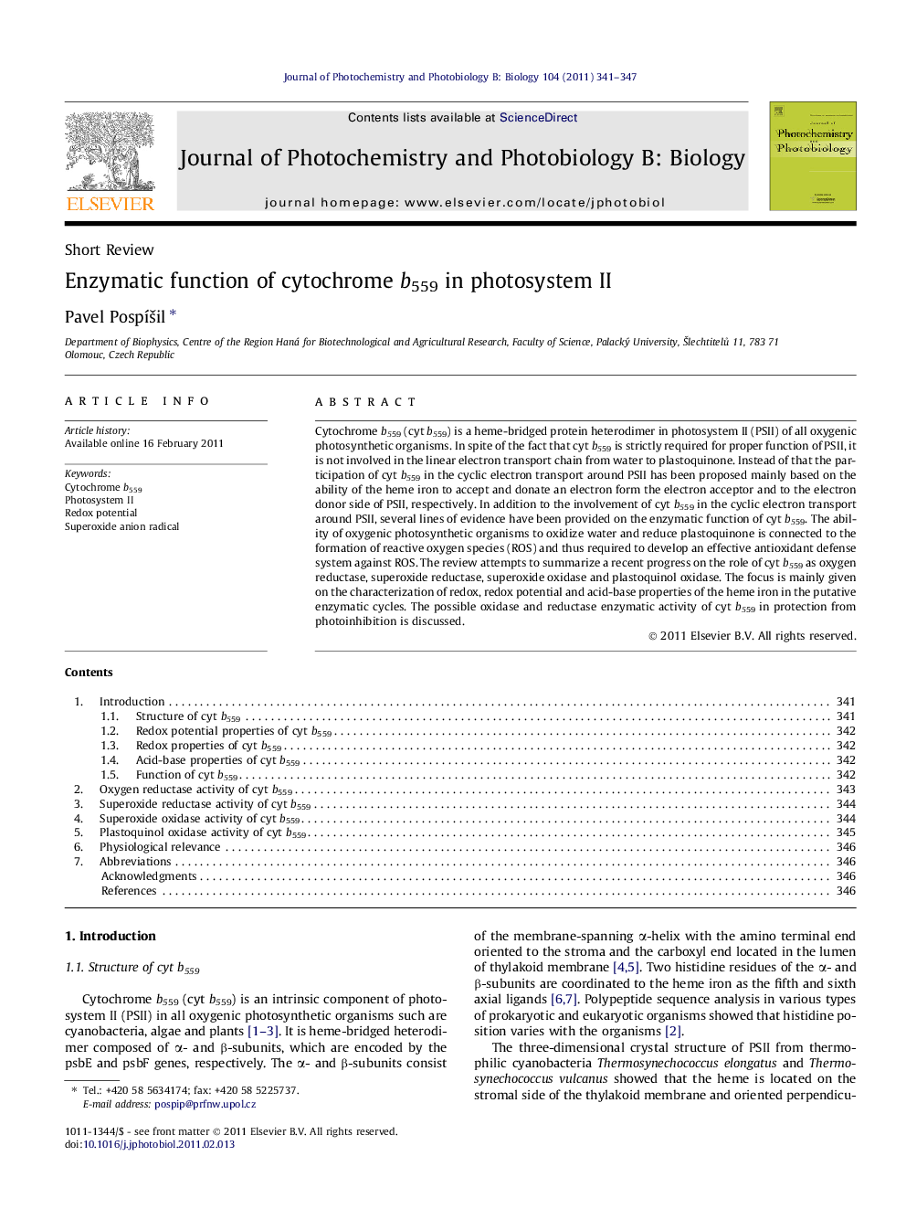 Enzymatic function of cytochrome b559 in photosystem II