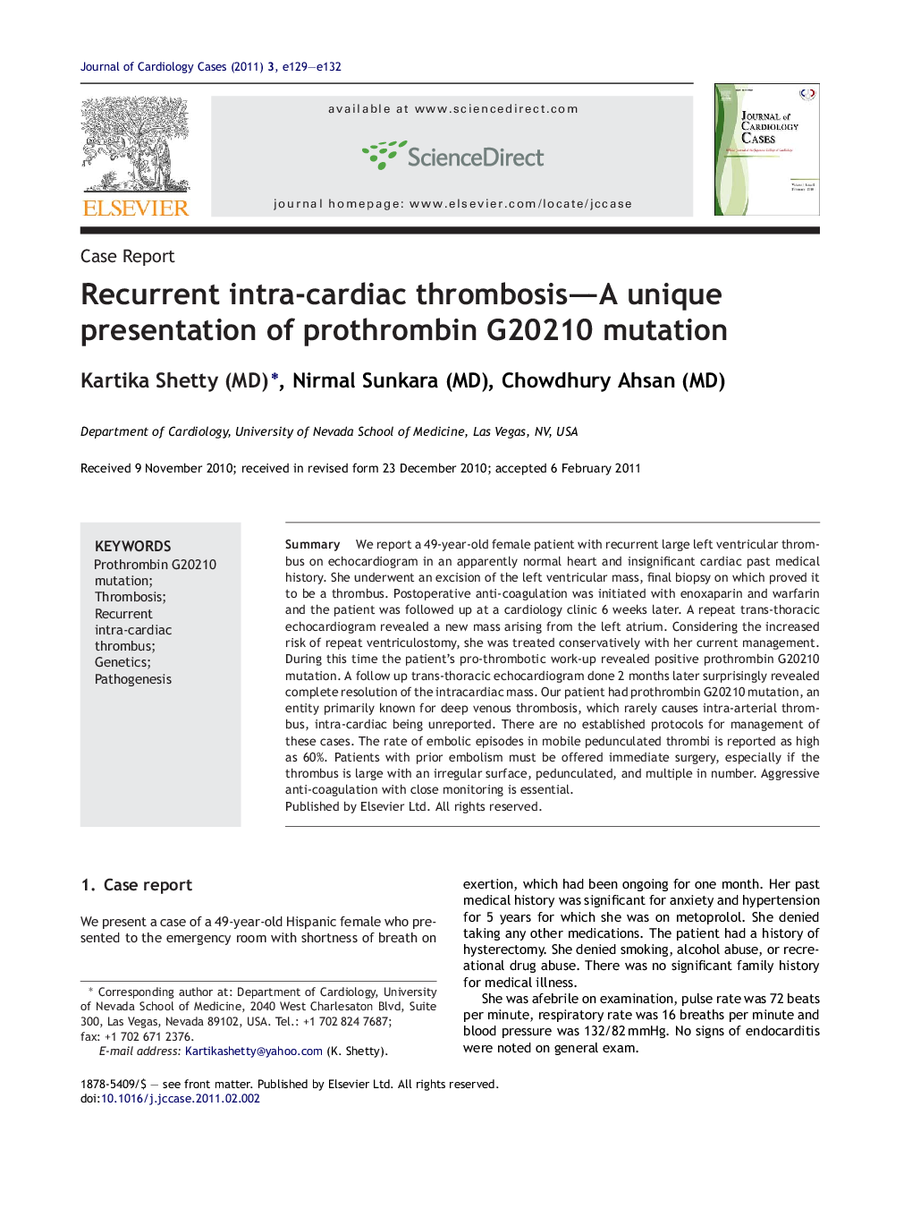Recurrent intra-cardiac thrombosis—A unique presentation of prothrombin G20210 mutation