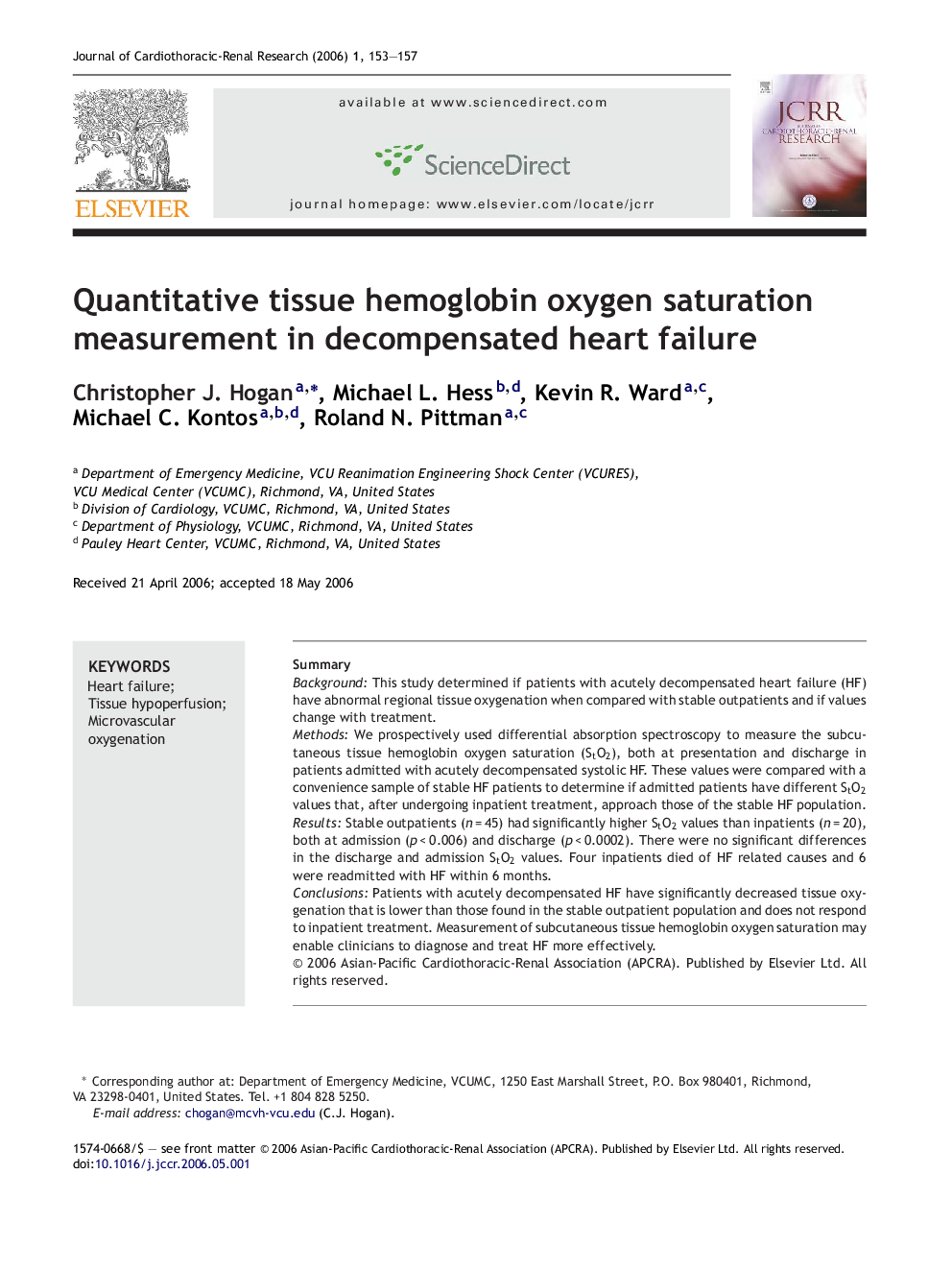 Quantitative tissue hemoglobin oxygen saturation measurement in decompensated heart failure