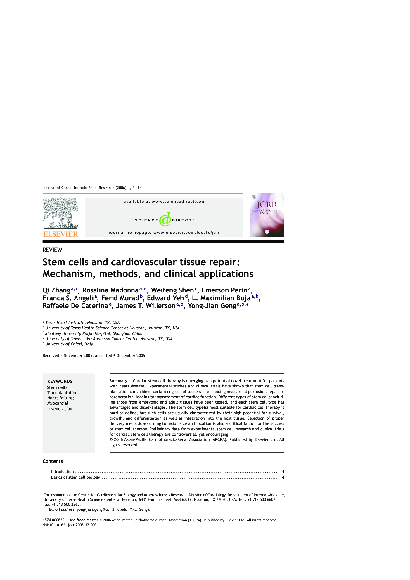 Stem cells and cardiovascular tissue repair: Mechanism, methods, and clinical applications