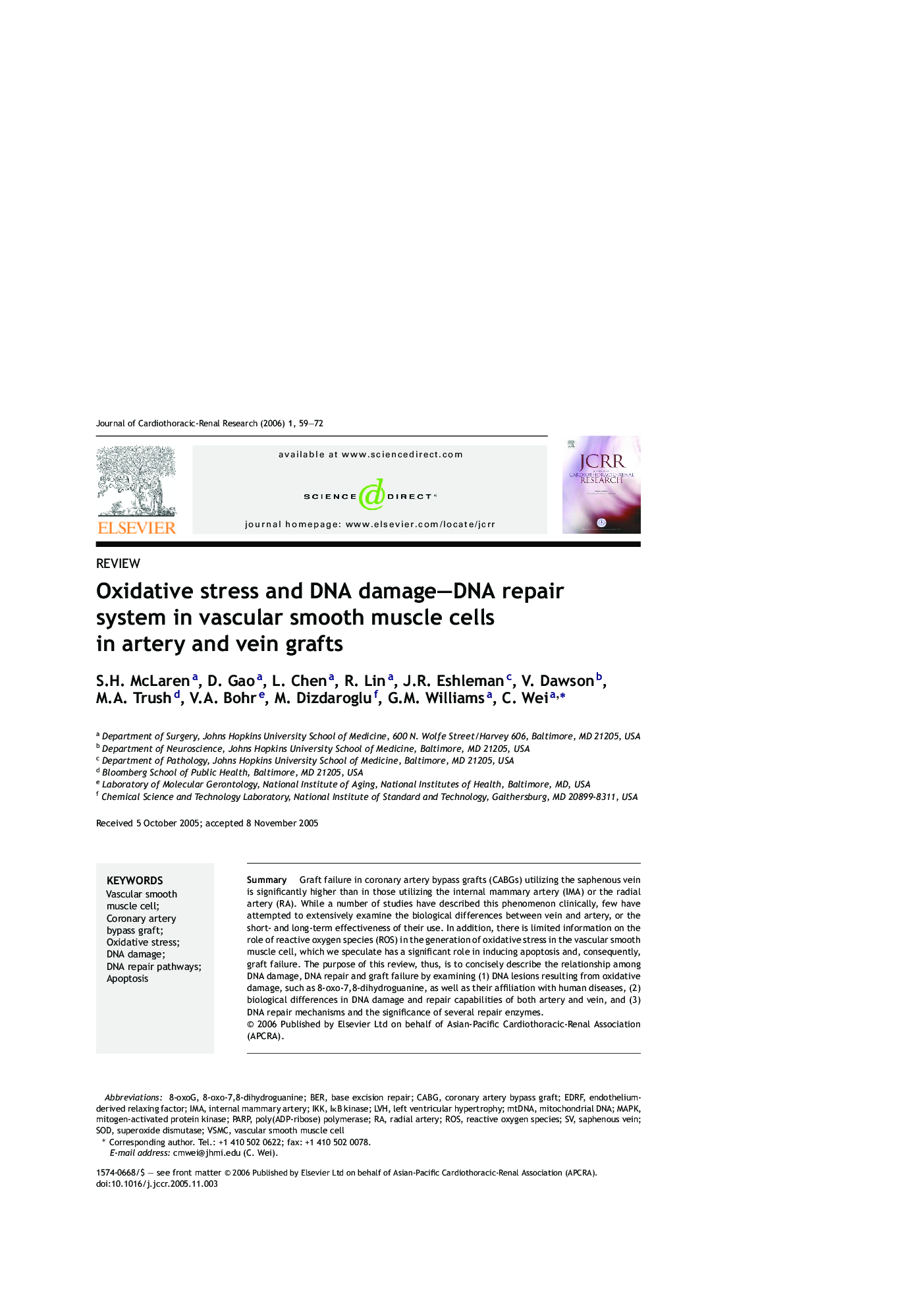 Oxidative stress and DNA damage–DNA repair system in vascular smooth muscle cells in artery and vein grafts