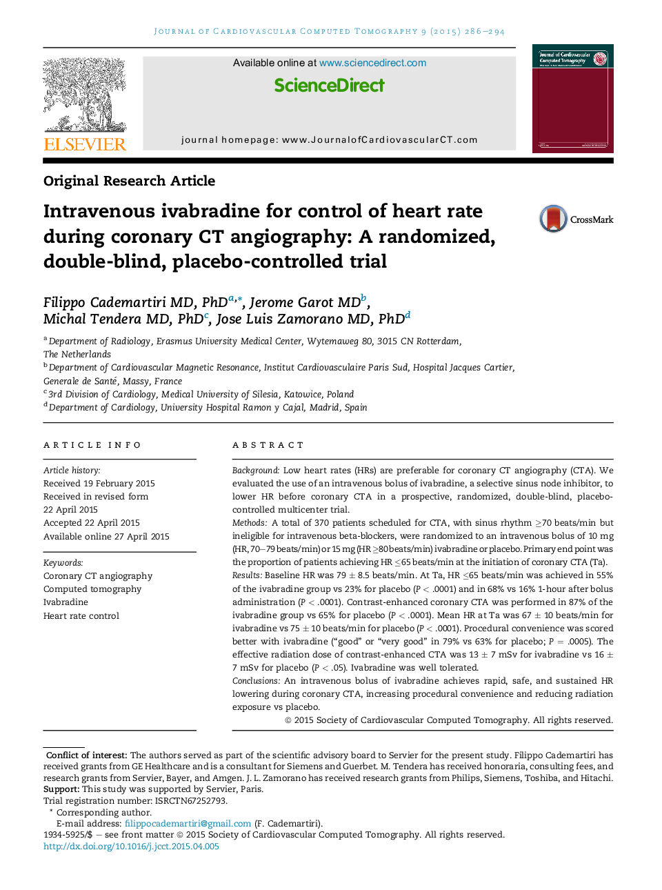 Intravenous ivabradine for control of heart rate during coronary CT angiography: A randomized, double-blind, placebo-controlled trial 