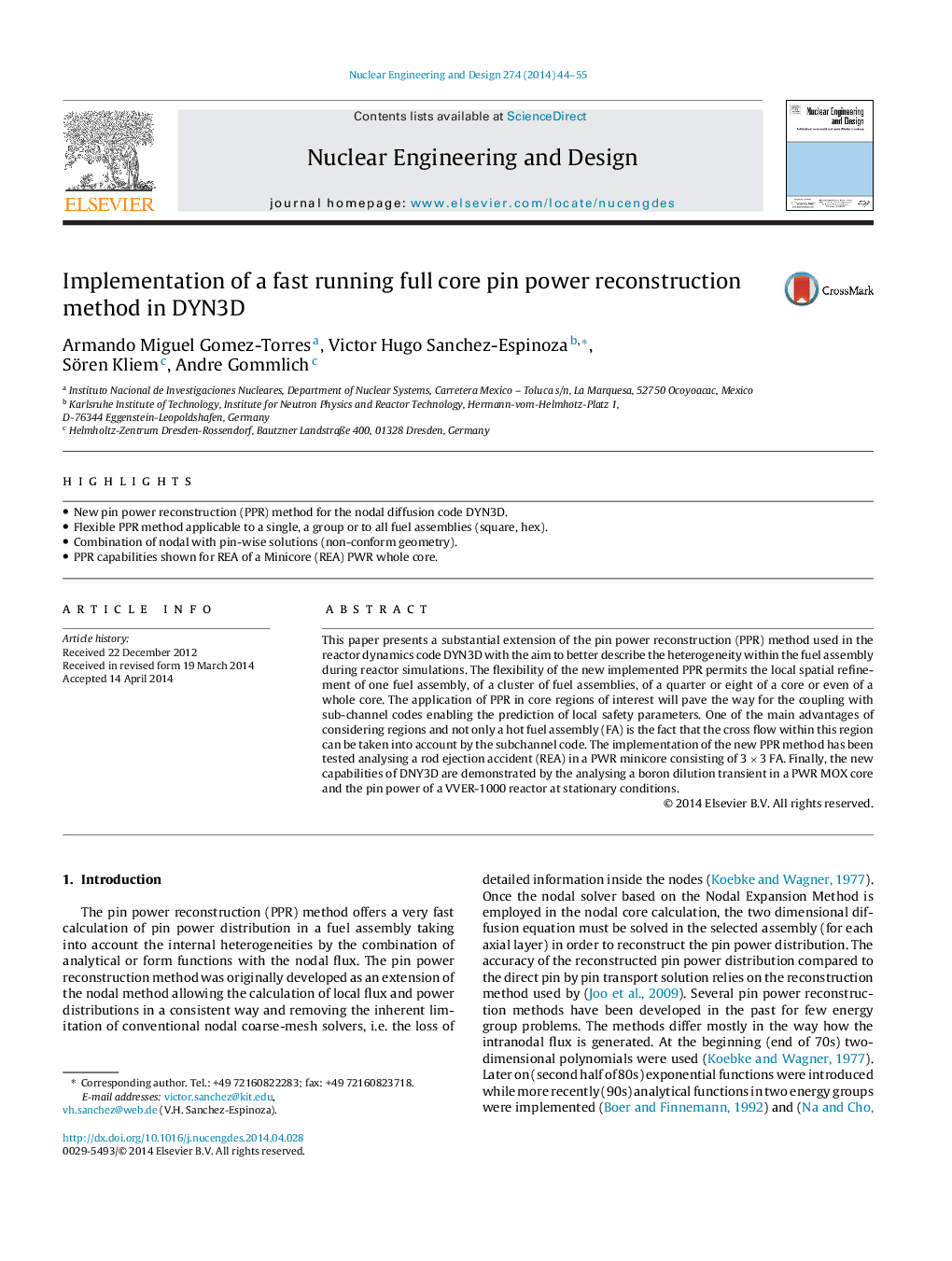عکس صفحه اول مقاله: Implementation of a fast running full core pin power reconstruction method in DYN3D Implementation of a fast running full core pin power reconstruction method in DYN3D