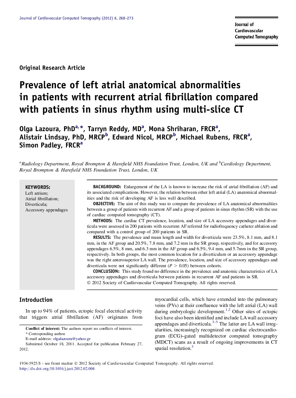 Prevalence of left atrial anatomical abnormalities in patients with recurrent atrial fibrillation compared with patients in sinus rhythm using multi-slice CT 