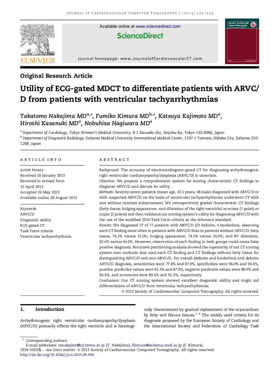 Utility of ECG-gated MDCT to differentiate patients with ARVC/D from patients with ventricular tachyarrhythmias