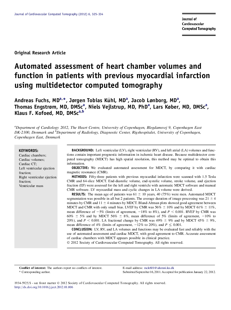 Automated assessment of heart chamber volumes and function in patients with previous myocardial infarction using multidetector computed tomography 