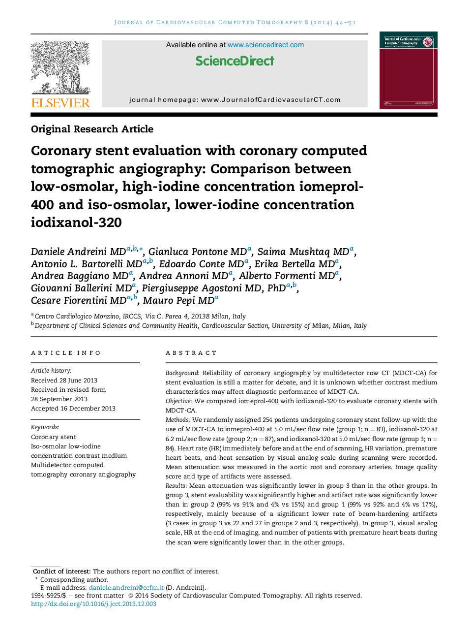 Coronary stent evaluation with coronary computed tomographic angiography: Comparison between low-osmolar, high-iodine concentration iomeprol-400 and iso-osmolar, lower-iodine concentration iodixanol-320 