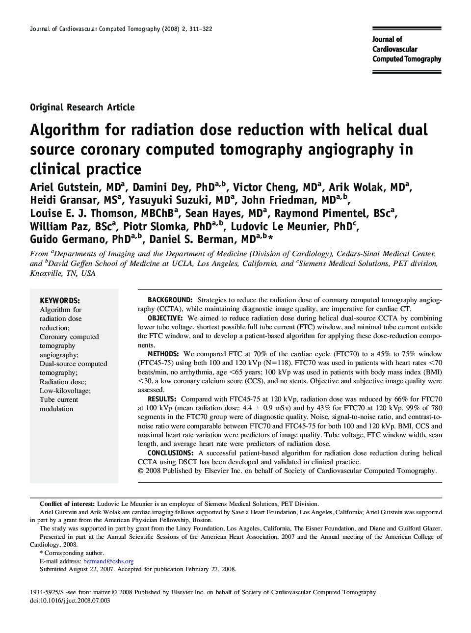 Algorithm for radiation dose reduction with helical dual source coronary computed tomography angiography in clinical practice 
