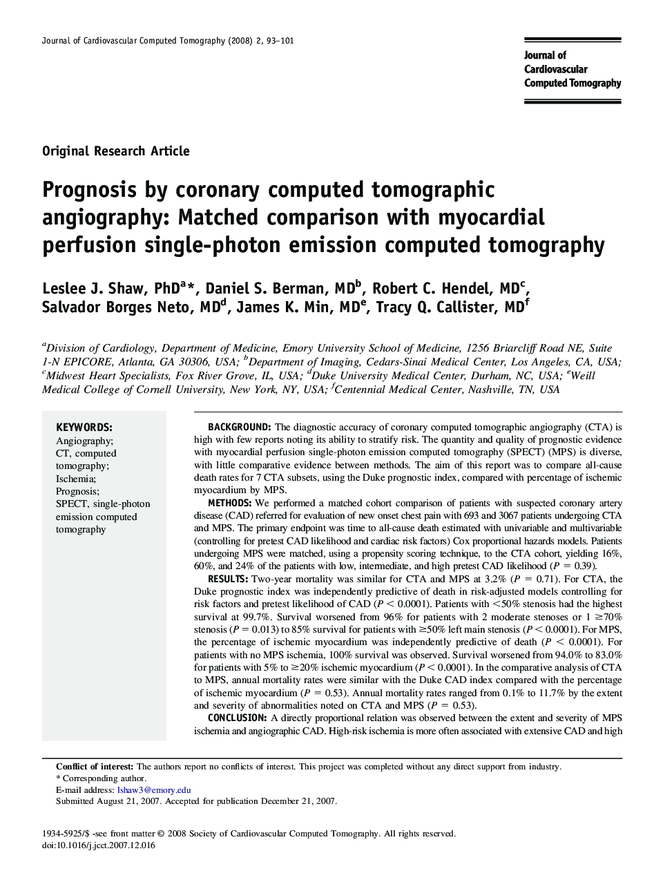 Prognosis by coronary computed tomographic angiography: Matched comparison with myocardial perfusion single-photon emission computed tomography 