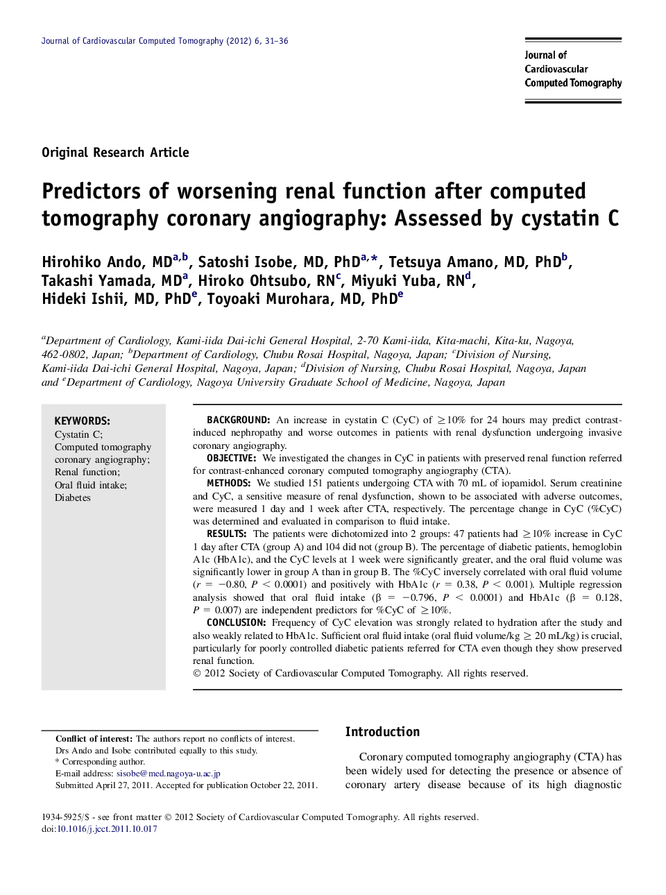 Predictors of worsening renal function after computed tomography coronary angiography: Assessed by cystatin C 