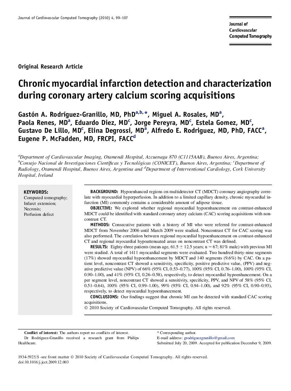 Chronic myocardial infarction detection and characterization during coronary artery calcium scoring acquisitions 