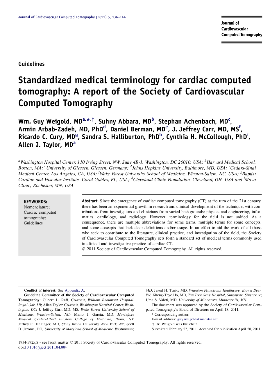 Standardized medical terminology for cardiac computed tomography: A report of the Society of Cardiovascular Computed Tomography 