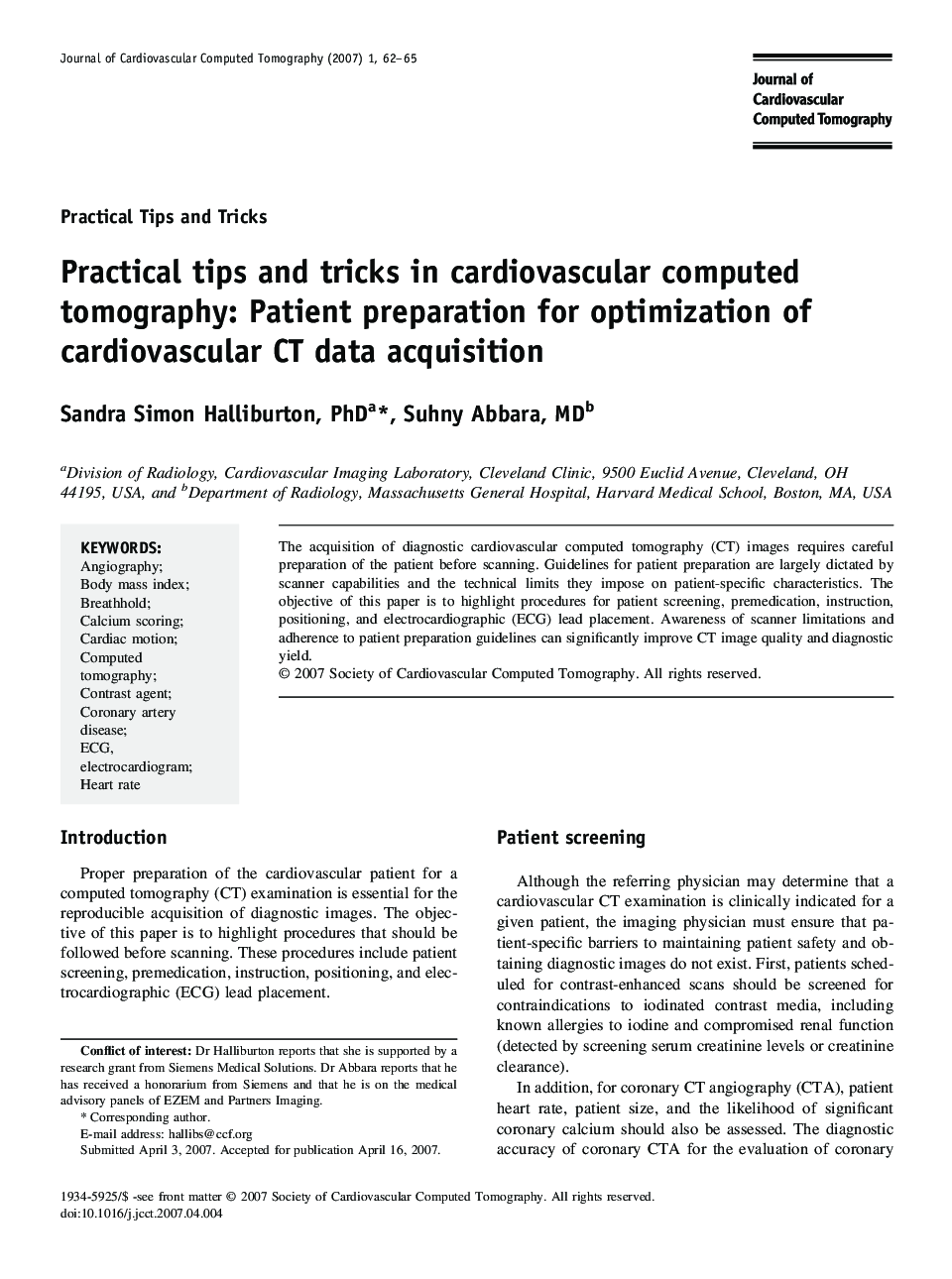 Practical tips and tricks in cardiovascular computed tomography: Patient preparation for optimization of cardiovascular CT data acquisition 
