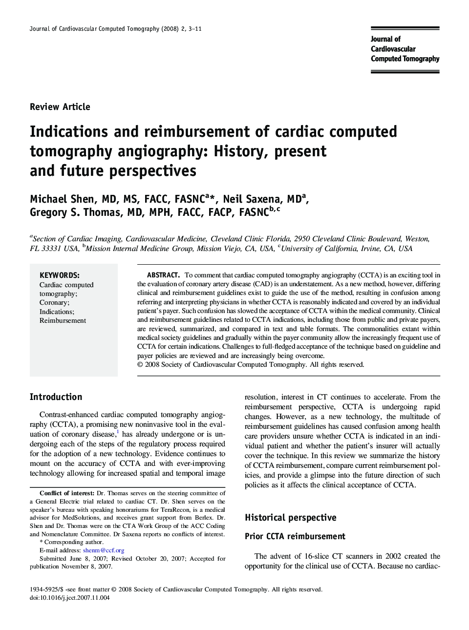 Indications and reimbursement of cardiac computed tomography angiography: History, present and future perspectives 