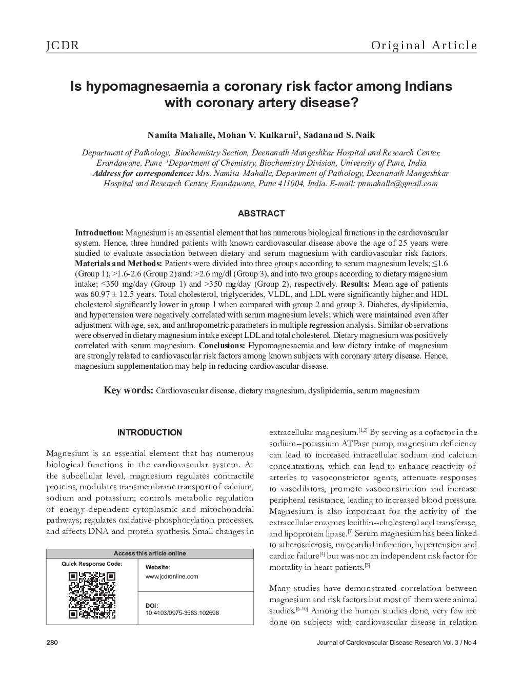 Is hypomagnesaemia a coronary risk factor among Indians with coronary artery disease?