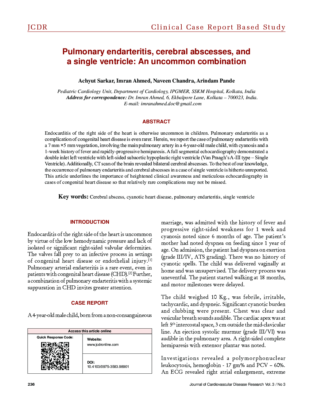 Pulmonary endarteritis, cerebral abscesses, and a single ventricle: An uncommon combination