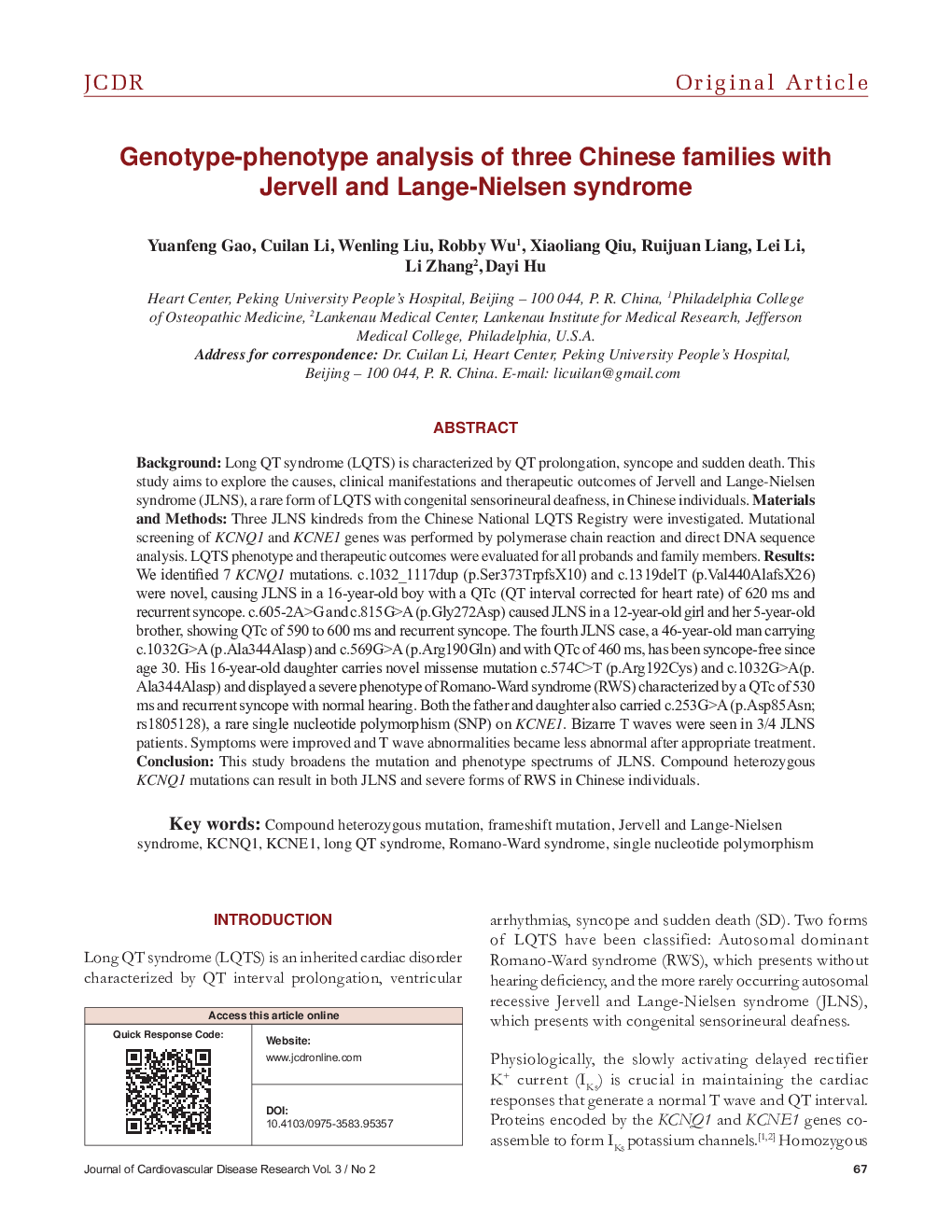 Genotype-phenotype analysis of three Chinese families with Jervell and Lange-Nielsen syndrome