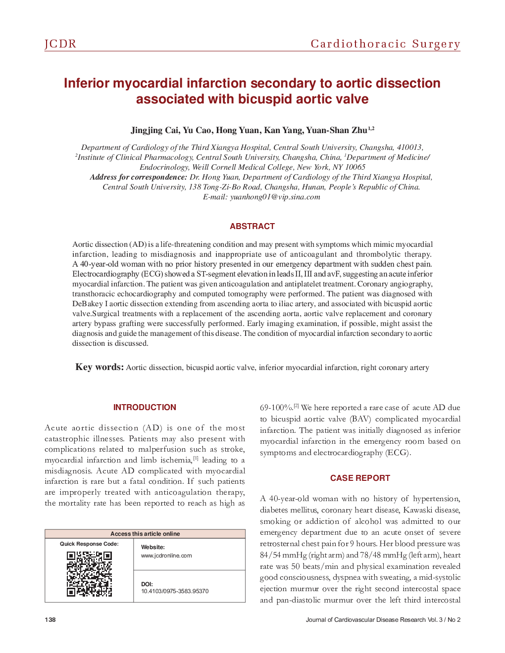 Inferior myocardial infarction secondary to aortic dissection associated with bicuspid aortic valve