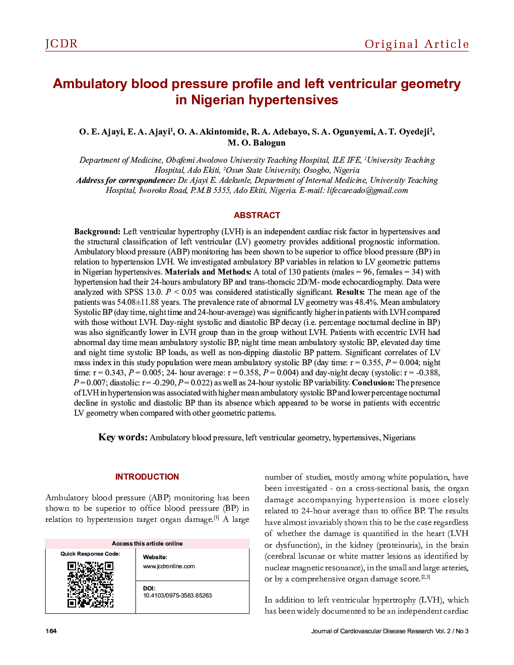 Ambulatory blood pressure profile and left ventricular geometry in Nigerian hypertensives