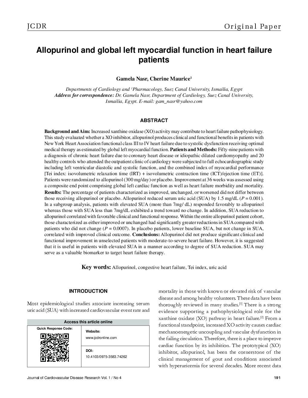 Allopurinol and global left myocardial function in heart failure patients