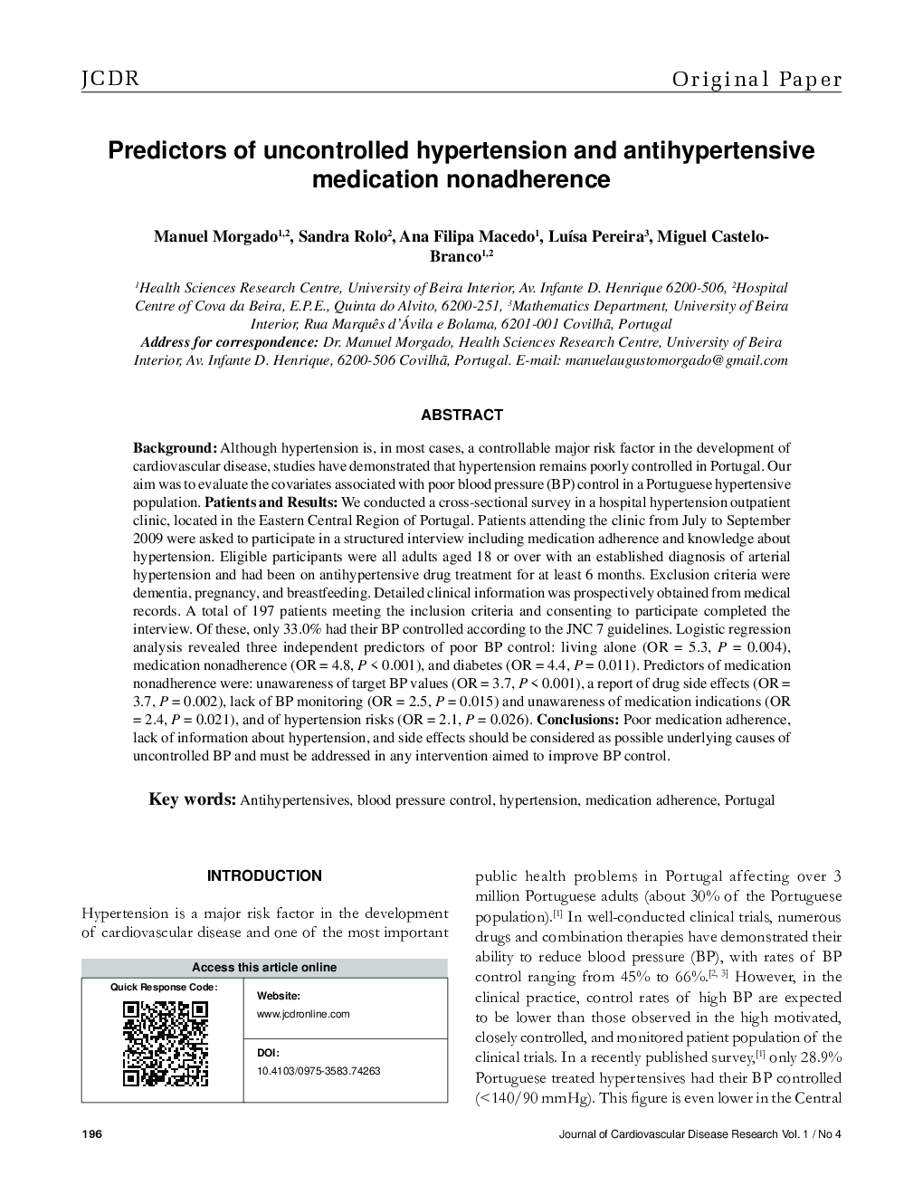 Predictors of uncontrolled hypertension and antihypertensive medication nonadherence