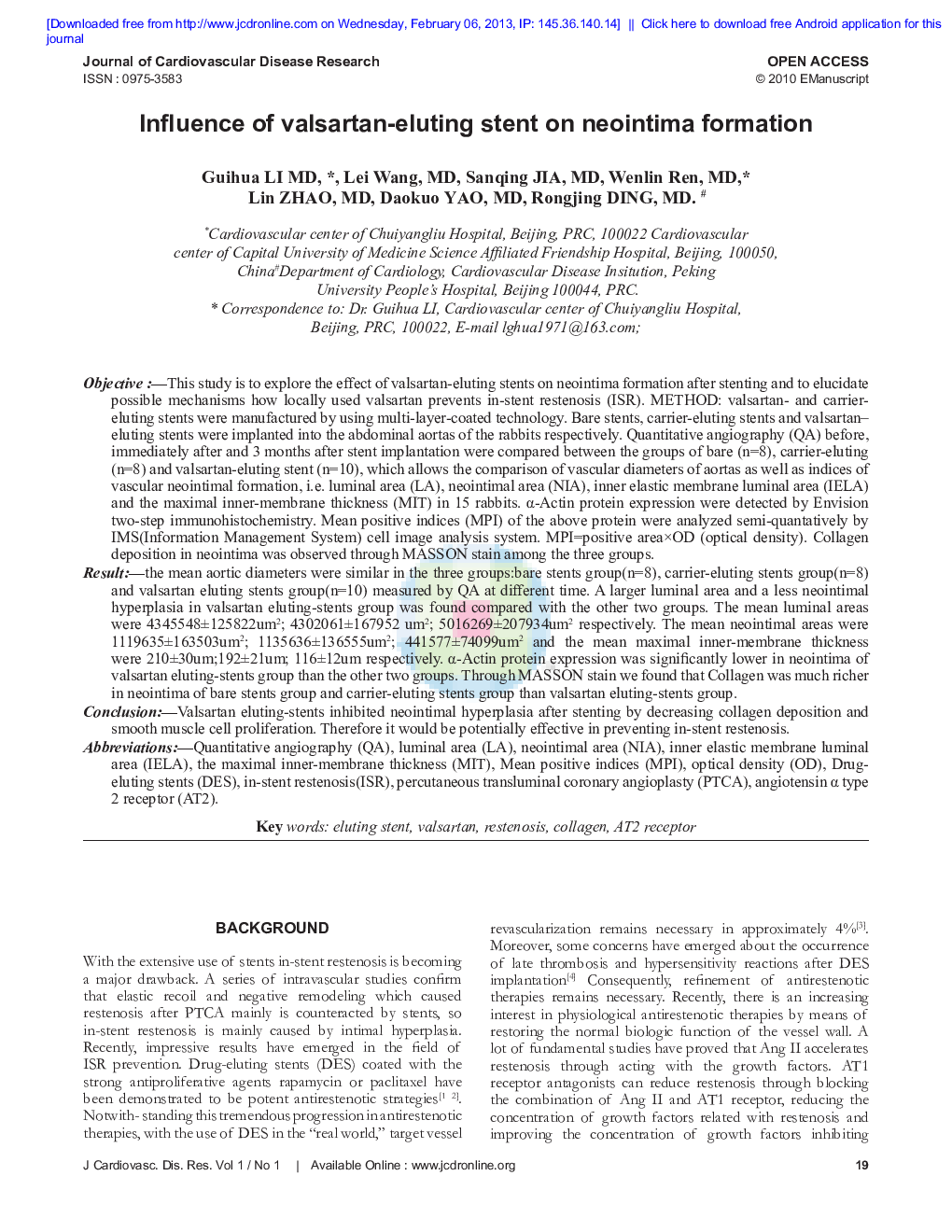 Influence of valsartan-eluting stent on neointima formation