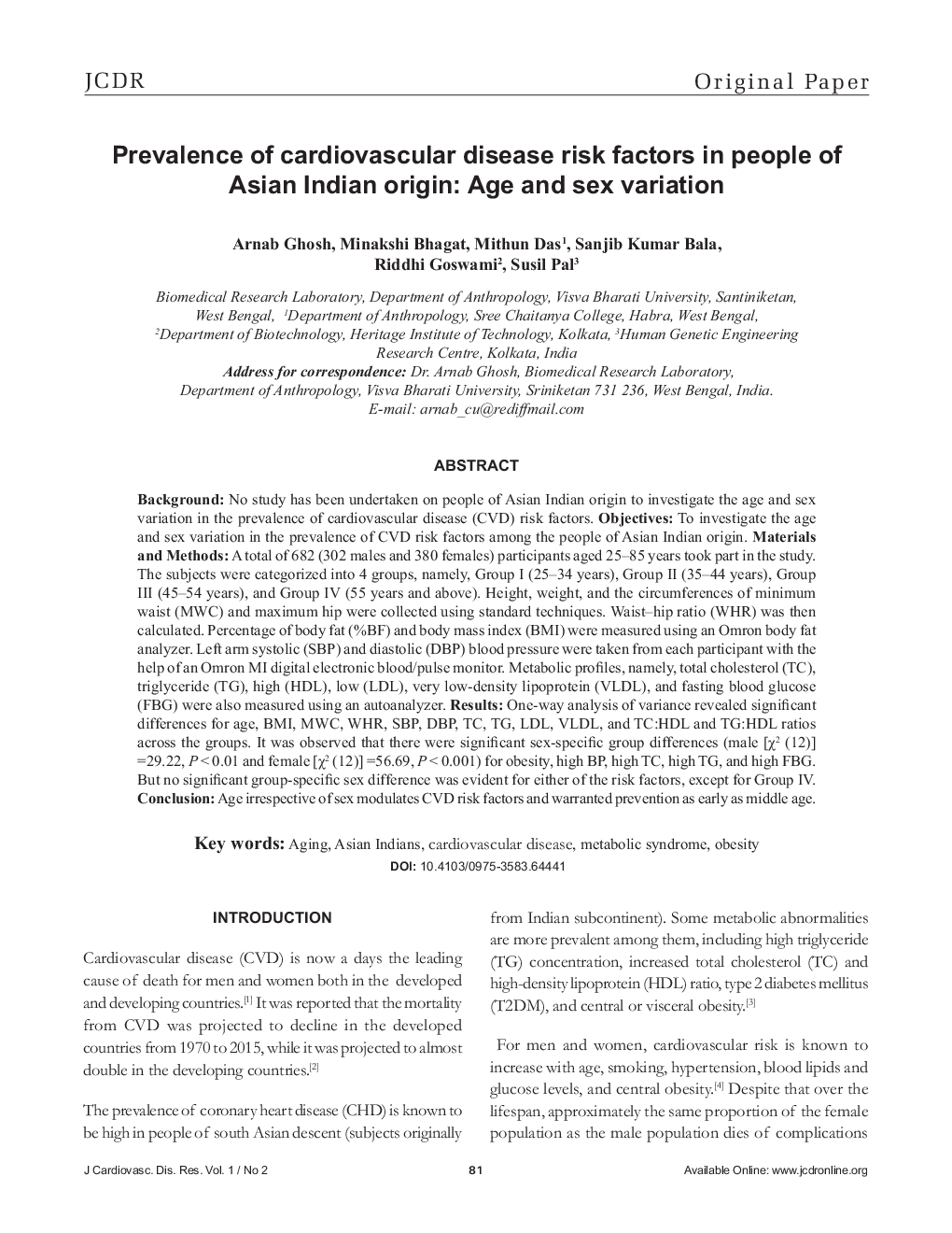 Prevalence of cardiovascular disease risk factors in people of Asian Indian origin: Age and sex variation