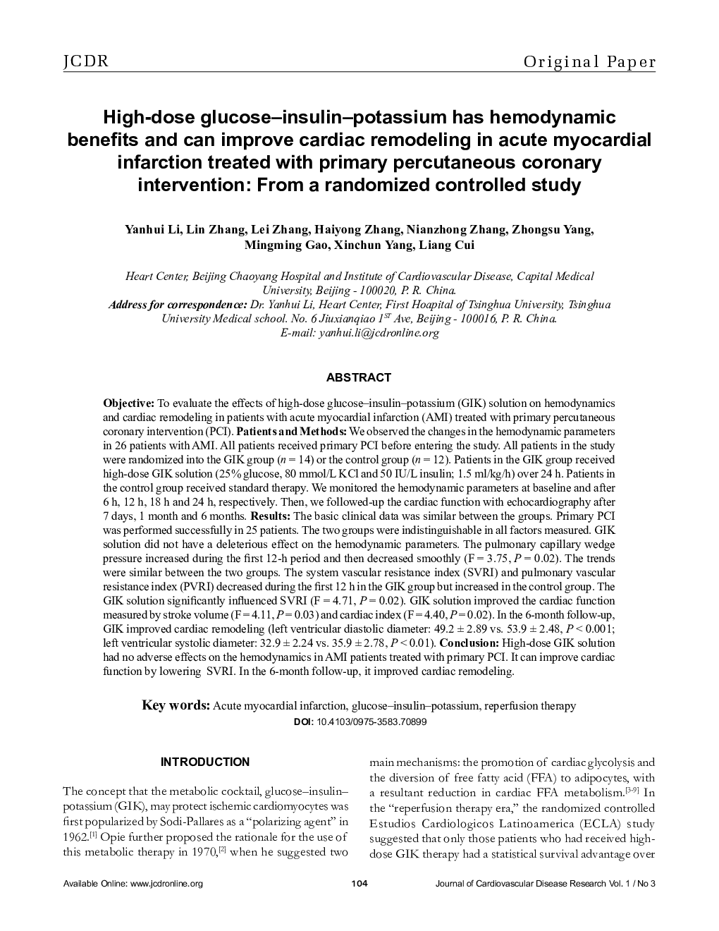 High-dose glucose-insulin-potassium has hemodynamic benefits and can improve cardiac remodeling in acute myocardial infarction treated with primary percutaneous coronary intervention: From a randomized controlled study