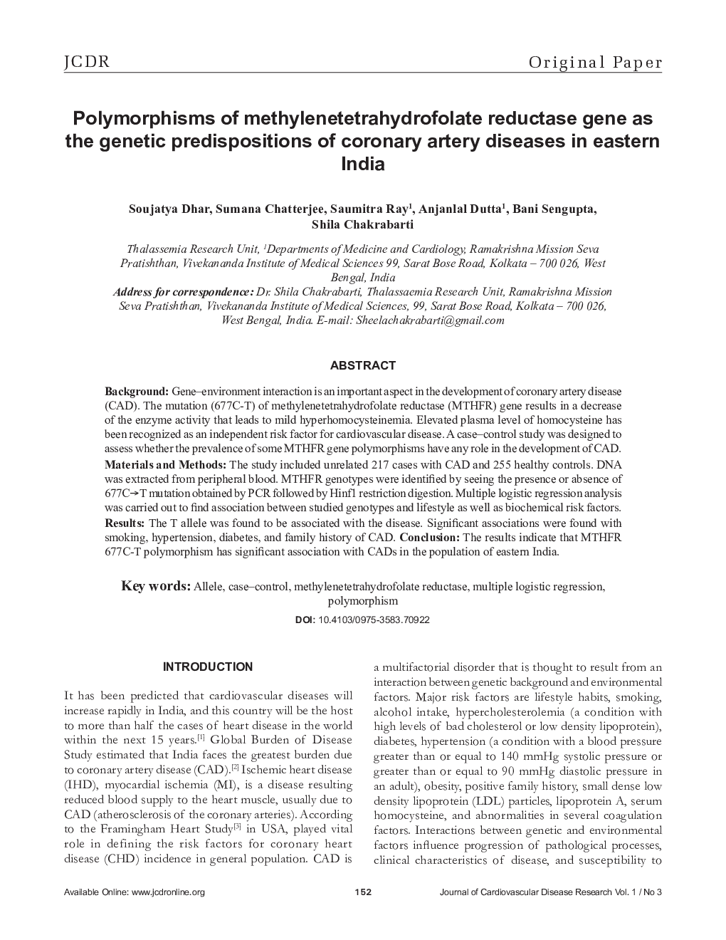 Polymorphisms of methylenetetrahydrofolate reductase gene as the genetic predispositions of coronary artery diseases in eastern India