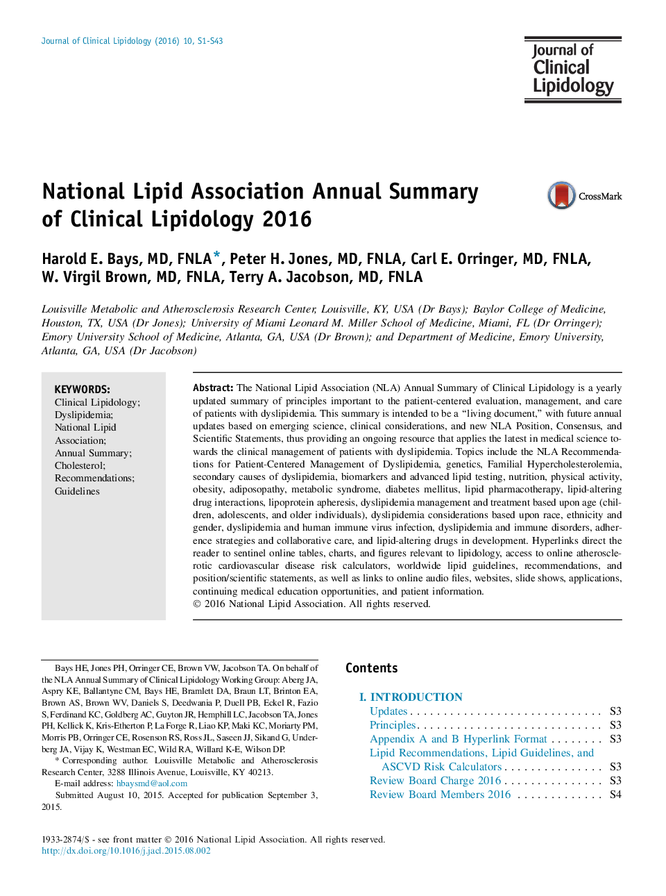 National Lipid Association Annual Summary of Clinical Lipidology 2016 